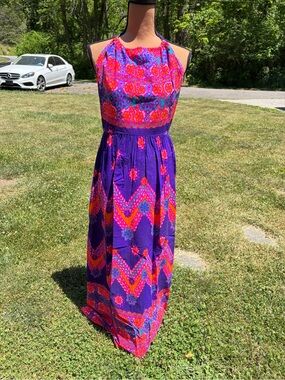 Sears Purple Halter Maxi Dress with Pink & Orange Floral Chevron Print